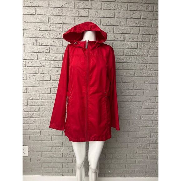 Jones New York Women Red Hooded Raincoat Parka / Windbreaker Size L - Picture 2 of 13